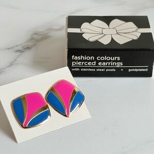 Vintage 90s Avon Hot Pink Navy Colorblock Stud Earrings Gold Bold 1” NIB 345